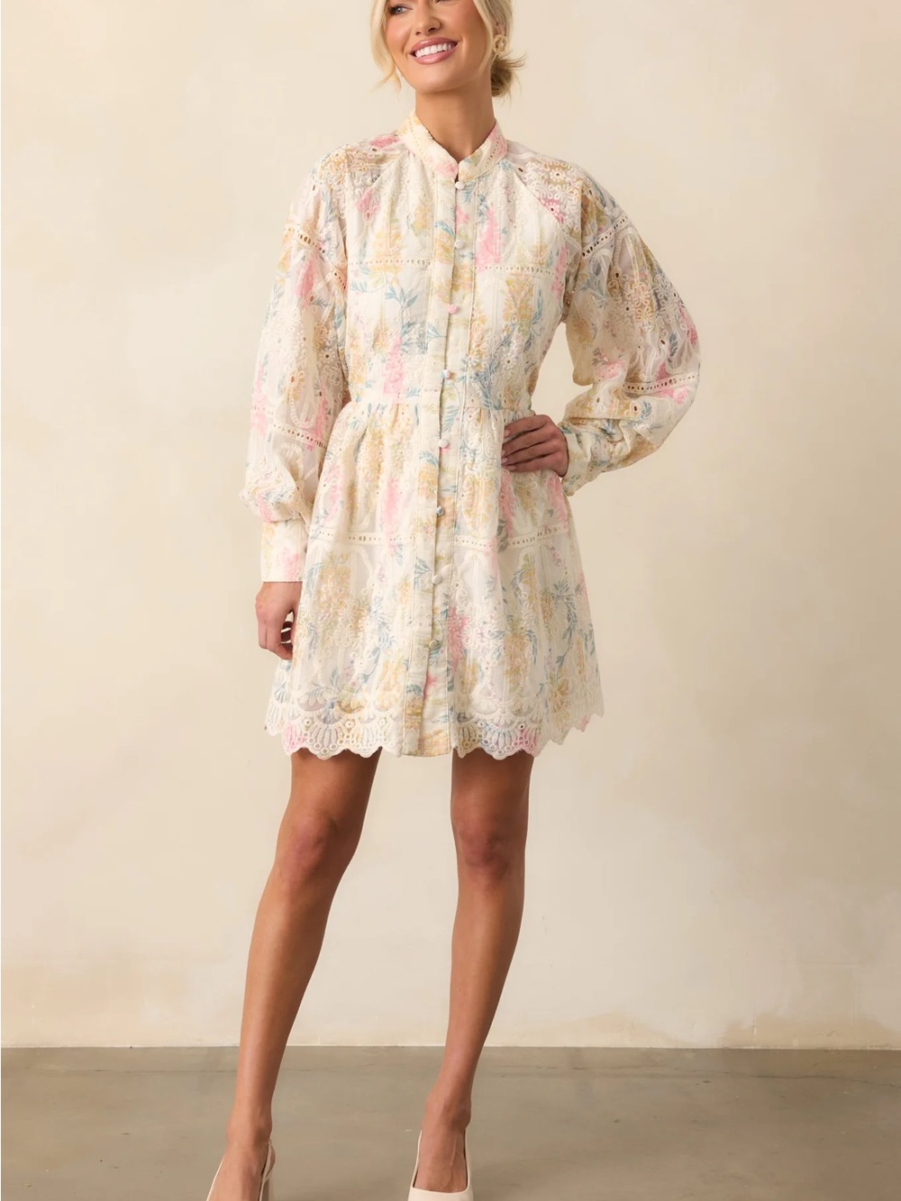 The Art of Being Ivory Floral Embroidered Eyelet Mini Dress Size L NWT